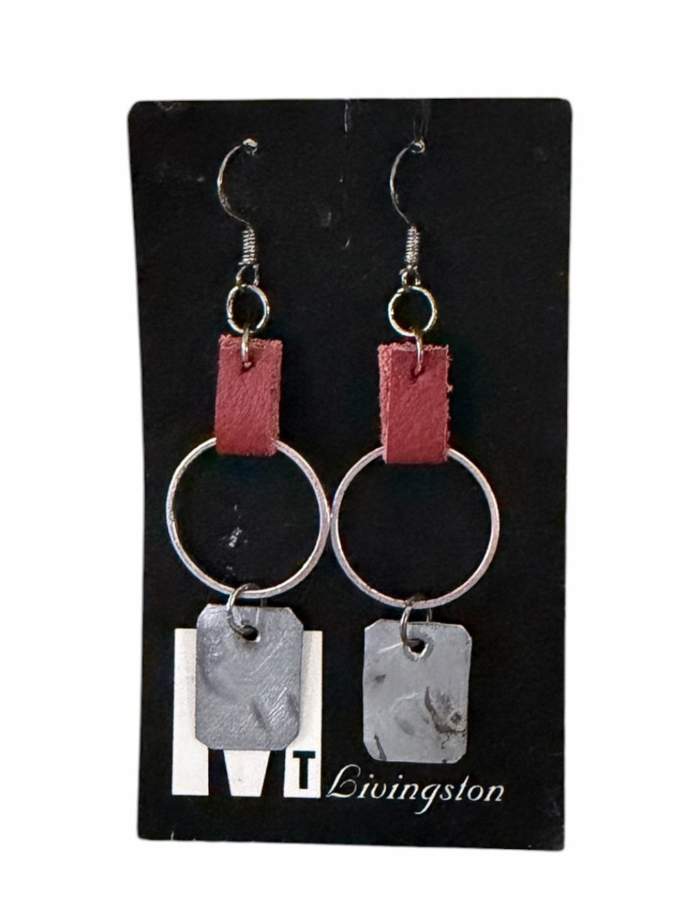 LIVINGSTON DANGLE EARRINGS WITH LEATHER, SILVER-TONE HOOPS AND RECTANGLES